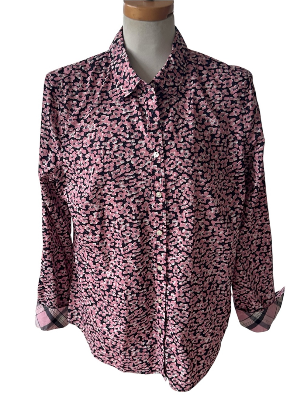 Talbots Pink Floral Button Down Shirt Blouse Plaid Accent Size 14